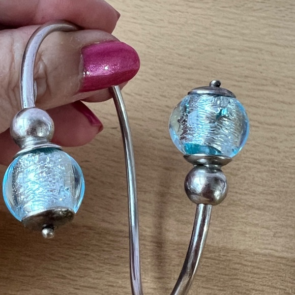 VINTAGE STERLING SILVER COIL WRAP CUFF BRACELET FROSTED AQUA BLUE MURANO GLASS - Picture 16 of 16